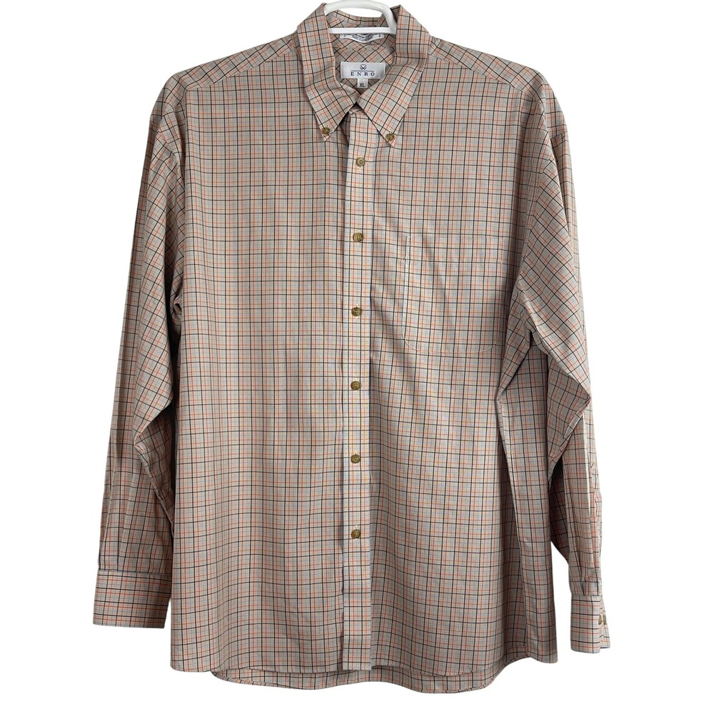 00664 ENRO Men XL Plaid Button Down Shirt NonIron Poplin LS tan orange blue navy